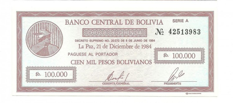 Боливия.  Банкнота  100 000 песо. 1984 год.  UNC. 