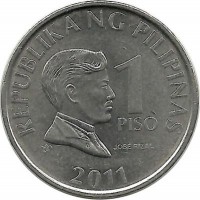 Монета 1 песо. 2011 год. Хосе Протасио Рисаль-Меркадо. Филиппины.