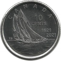 100 лет шхуне Блюноз. Монета 10 центов. 2021 год, Канада. UNC. 