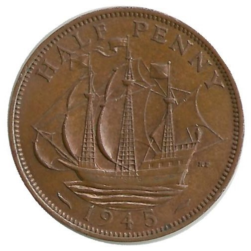 Монета  1/2 пенни 1945 год.  Золотая лань. Великобритания.