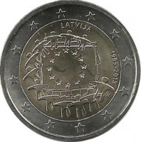 30 лет Флагу Европы. Монета 2 евро, 2015 год, Латвия. UNC. 
