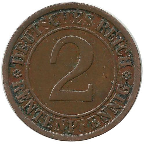 Монета 2 рентенпфеннига. 1924 (J) год, Веймарская республика.