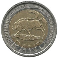 Белохвостый гну.  Монета 5 рандов 2015 год, ЮАР.