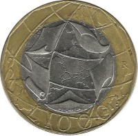 Европейский союз. Карта с объединённой Германией. Монета 1000 лир. 1997 год, Италия.