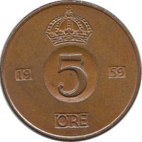 Монета 5 эре.1959 год, Швеция. (TS).