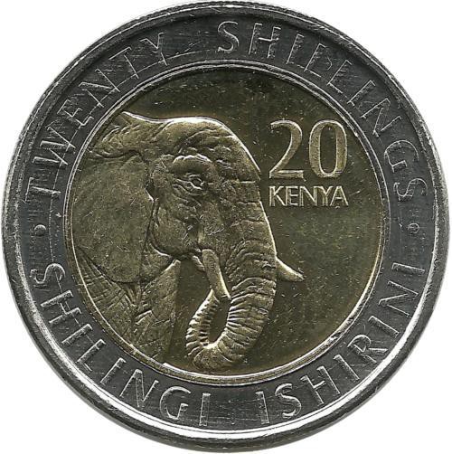 Слон. Монета 20 шиллингов. 2018 год, Кения. UNC.