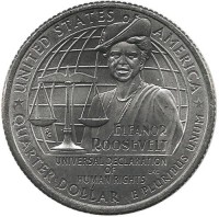 Элеонора Рузвельт. Американский общественный деятель. Монета 25 центов (квотер), (P). 2023 год, США. UNC.