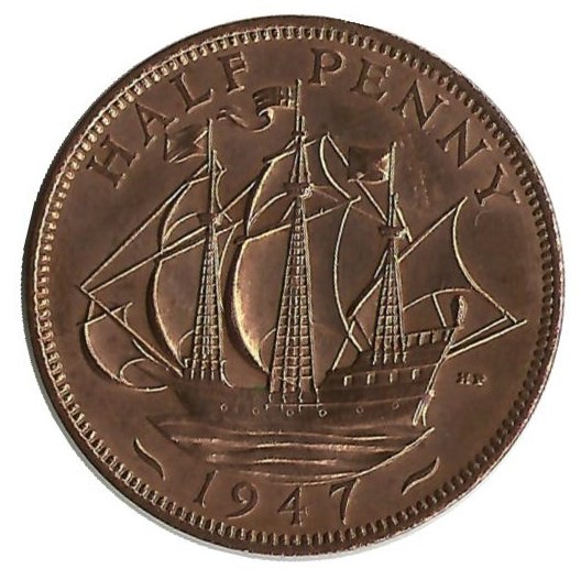Монета  1/2 пенни 1947 год.  Золотая лань. Великобритания.