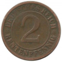 Монета 2 рентенпфеннига. 1924 (D) год, Веймарская республика.