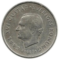 Монета 1 крона. 2007 год, Швеция.