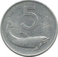 Монета 5 лир. 1953 год, Италия. Дельфин. Судовой руль.