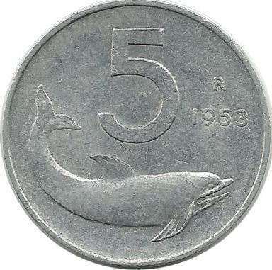 Монета 5 лир. 1953 год, Италия. Дельфин. Судовой руль.