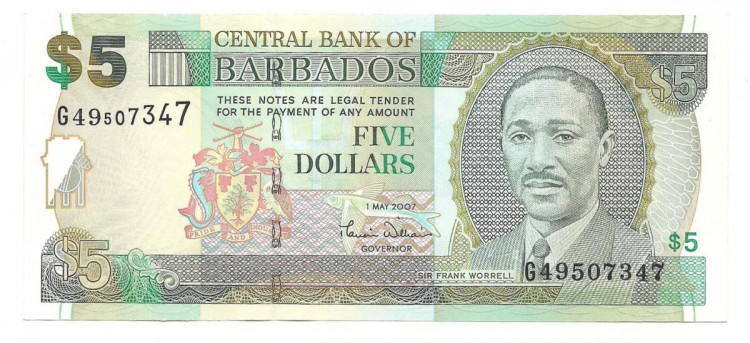 Барбадос.  Банкнота  5 долларов. 2007 год.  UNC. 