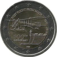 100 лет первому авиаполёту с Мальты.  Монета 2 евро. 2015 год, Мальта. UNC.