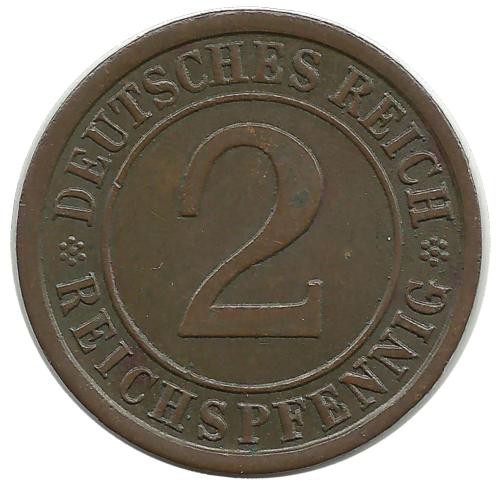 Монета 2 рейхспфеннига. 1924 (А) год, Веймарская республика.