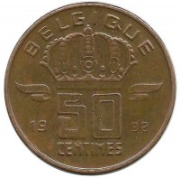 Монета 50 сантимов.  1992 год, Бельгия. (Belgique).