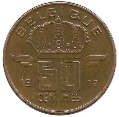 Монета 50 сантимов.  1992 год, Бельгия. (Belgique).