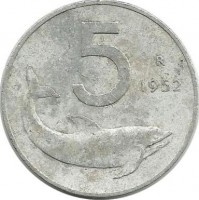 Монета 5 лир. 1952 год, Италия. Дельфин. Судовой руль.