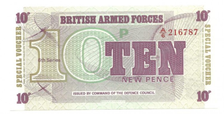 Банкнота 10 новых пенсов (10 new pence). Специальные ваучеры британских вооружённых сил.(англ.British Armed Forces Special Voucher) 1972 год.UNC. 
