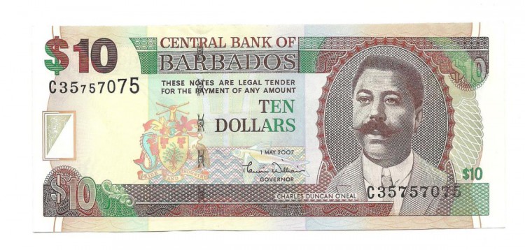 Барбадос.  Банкнота  10 долларов. 2007 год.  UNC. 