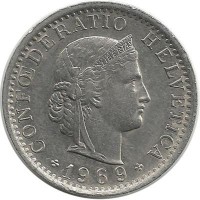 Монета 20 раппенов. 1969 год, Швейцария.  