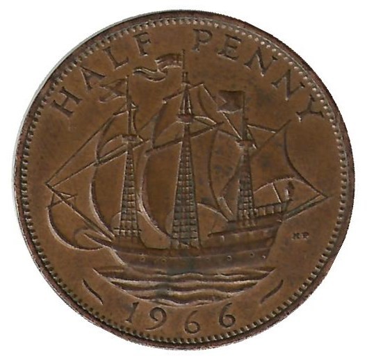 Монета  1/2 пенни 1966 год. Золотая лань. Великобритания.
