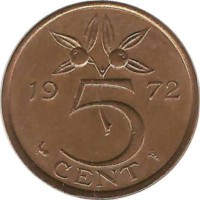 Монета 5 центов 1972г. Нидерланды 