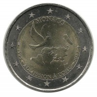 20 лет вступления в ООН. Монета 2 евро, 2013 год, Монако. UNC.