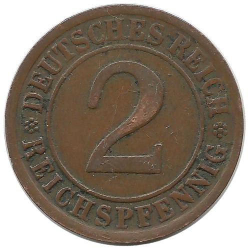 Монета 2 рейхспфеннига. 1924 (J) год, Веймарская республика.