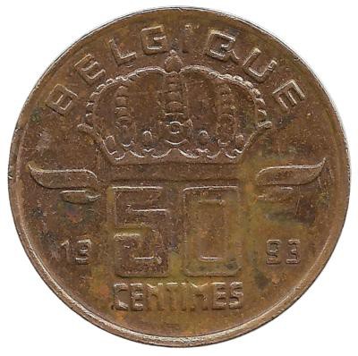 Монета 50 сантимов.  1993 год, Бельгия. (Belgique).  