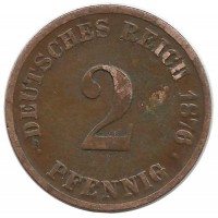 Монета 2 пфенниг 1876 год (G), Германская империя.