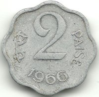Монета 2 пайса.  1966 год, Индия.