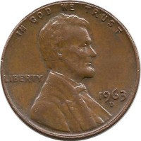 Линкольн. 1 цент 1963г. D.  (Денвер) , CША.