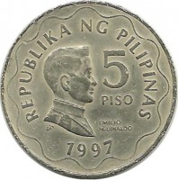 Монета 5 песо. 1997 год. Эмилио Агинальдо-и-Фами. Первый президент Филиппин 1899-1901 год. Филиппины. С отметкой BSP.​