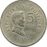 Монета 5 песо. 1997 год. Эмилио Агинальдо-и-Фами. Первый президент Филиппин 1899-1901 год. Филиппины. С отметкой BSP.​