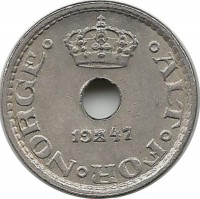 Монета 10 эре.  1947 год, Норвегия.   