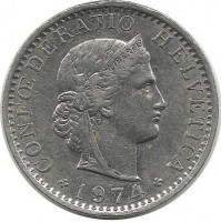 Монета 20 раппенов. 1974 год, Швейцария.  