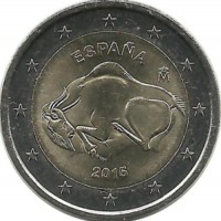 Пещера Альтамира.   Монета 2 евро, 2015 год, Испания. UNC.