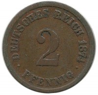 Монета 2 пфенниг 1874 год (А), Германская империя.