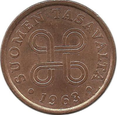 Монета 5 пенни.1963 год, Финляндия.