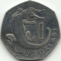 Монета 1 даласи. Африканский узкокрылый крокодил. 1998 год, Гамбия.