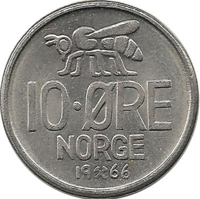 Монета 10 эре. 1966 год, Норвегия.  
