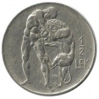 Монета 1/2 лека. 1930 год. Геркулес и Немейский лев. Албания.