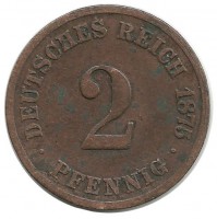 Монета 2 пфенниг 1875 год (C), Германская империя.