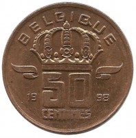 Монета 50 сантимов.  1998 год, Бельгия. (Belgique).