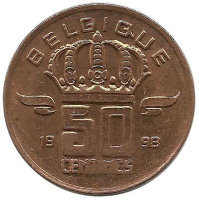 Монета 50 сантимов.  1998 год, Бельгия. (Belgique).