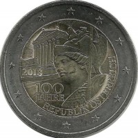 100 лет Австрийской Республике. Монета 2 евро, 2018 год, Австрия. UNC.