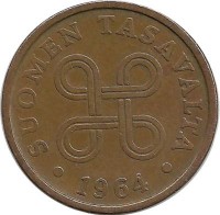 Монета 5 пенни.1964 год, Финляндия.