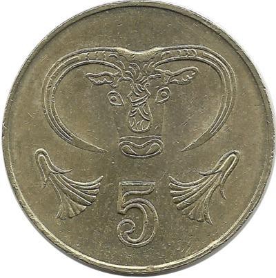 Бык. Монета 5 центов. 2001 год, Кипр.