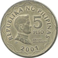 Монета 5 песо. 2001 год. Эмилио Агинальдо-и-Фами. Первый президент Филиппин 1899-1901 год. Филиппины. 